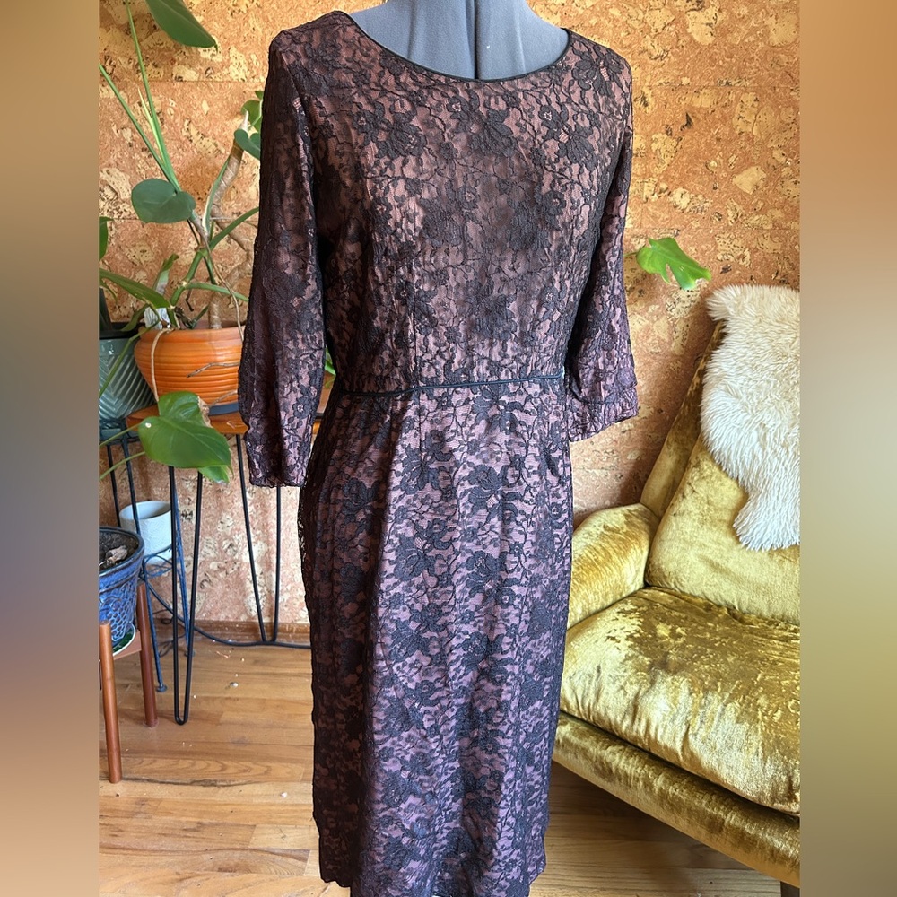 Vintage circa 60s Black Lace Overlay Midi Dress with Dusty Rose Lining